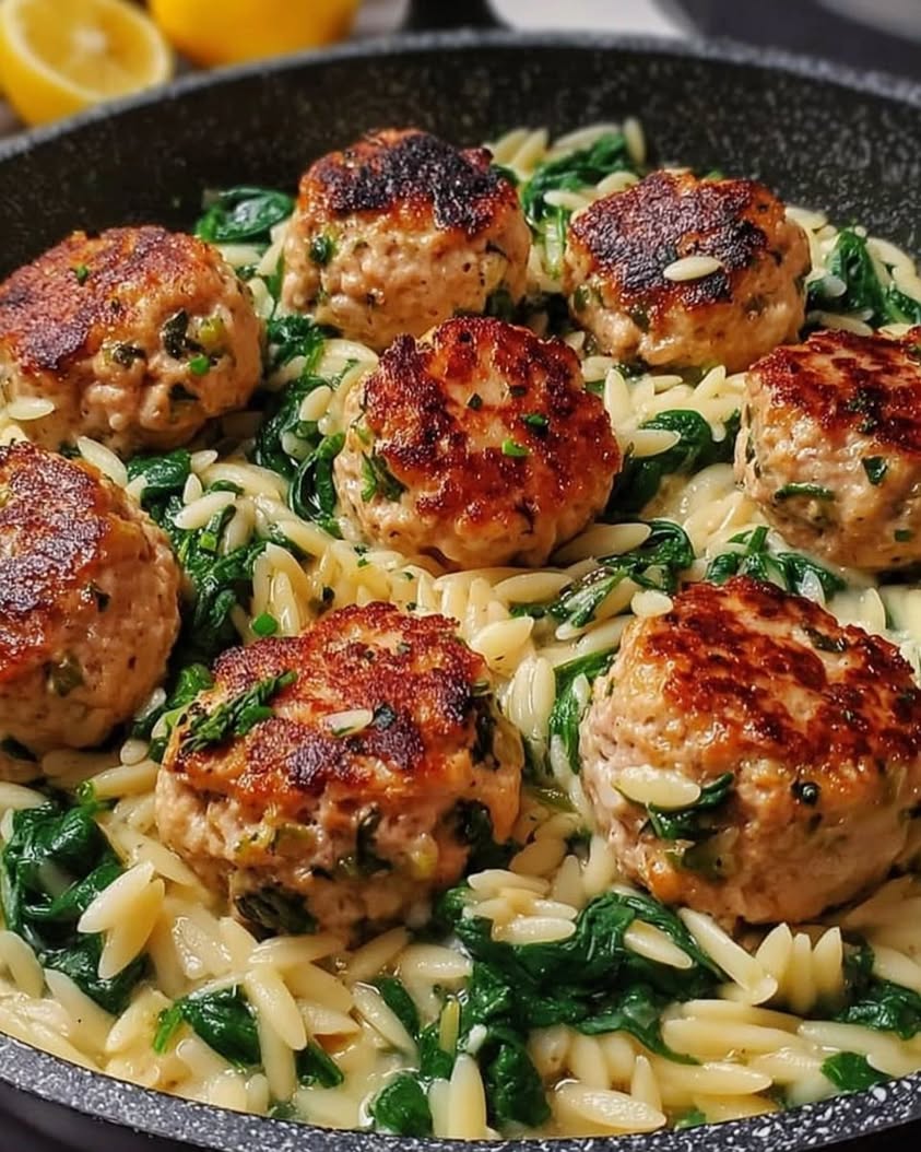 Lemony Chicken Ricotta Meatballs Over Garlic Spinach Orzo 1