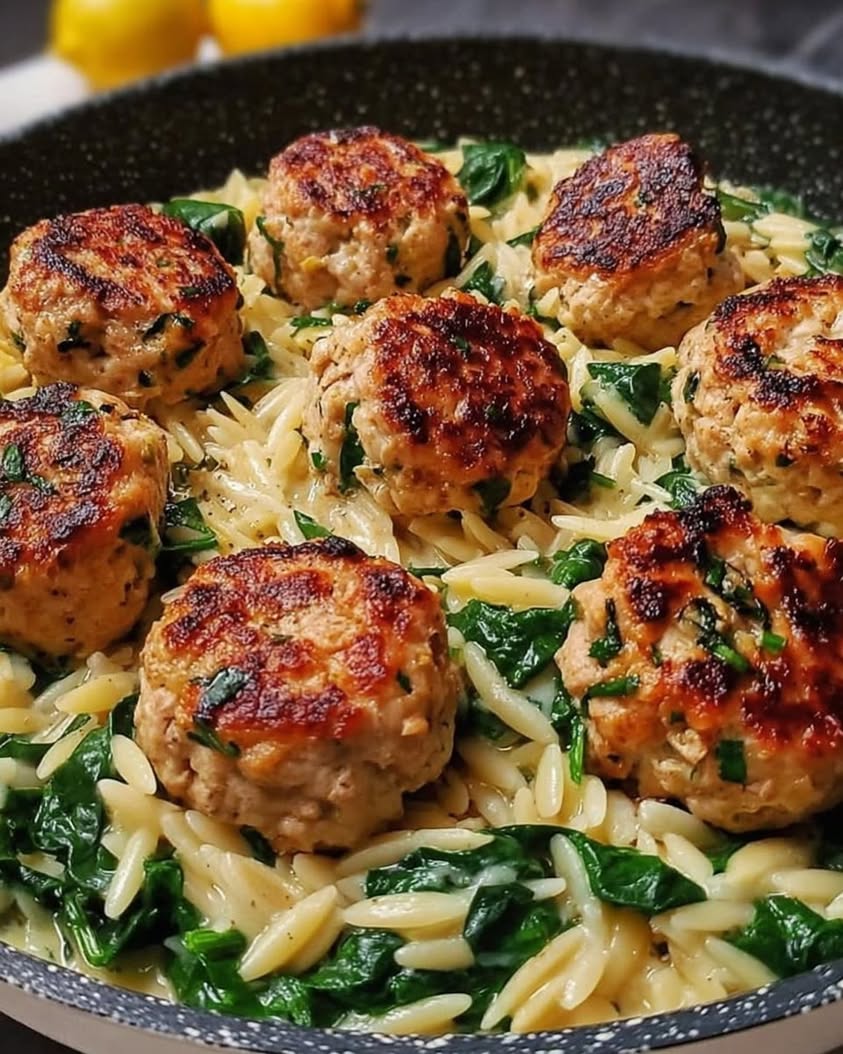Lemony Chicken Ricotta Meatballs Over Garlic Spinach Orzo