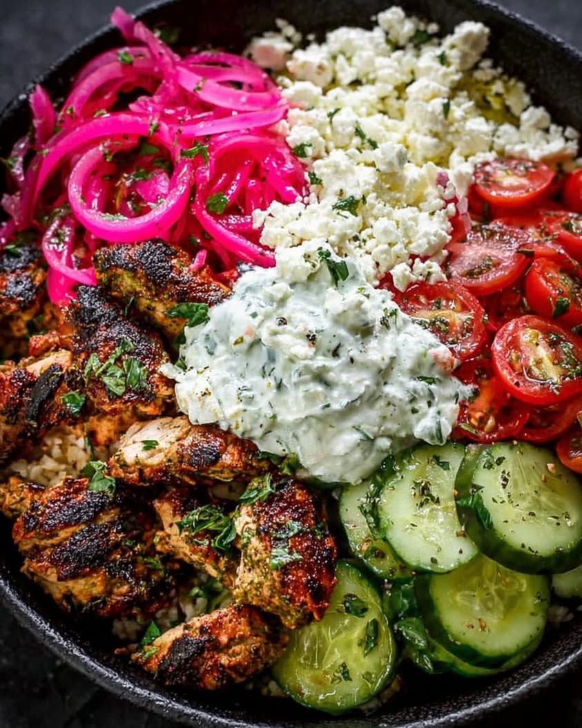 Loaded Mediterranean Chicken Power Bowl with Tzatziki Feta