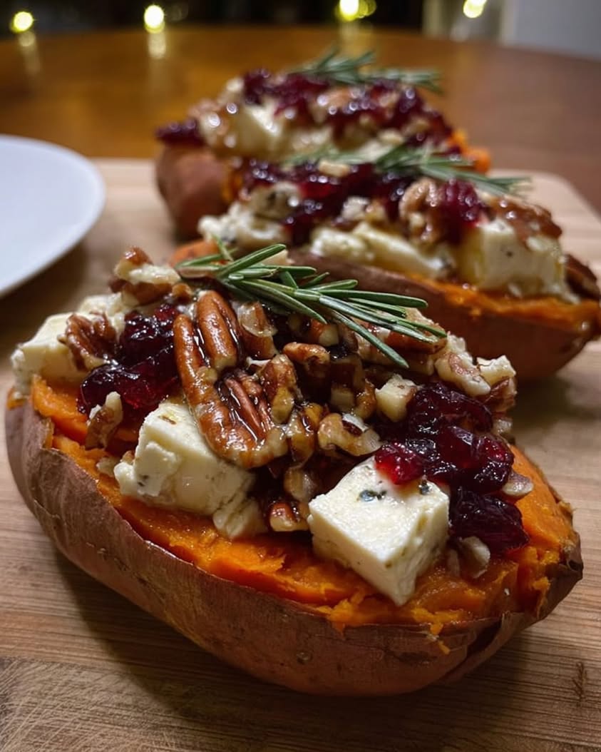 Maple Pecan Brie Stuffed Sweet Potatoes with a Cranberry Glaze