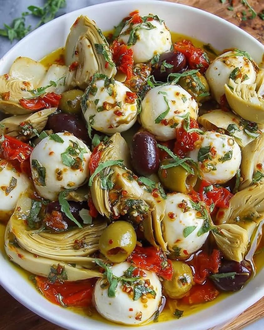 Marinated Mozzarella Balls Artichokes and Olives 1