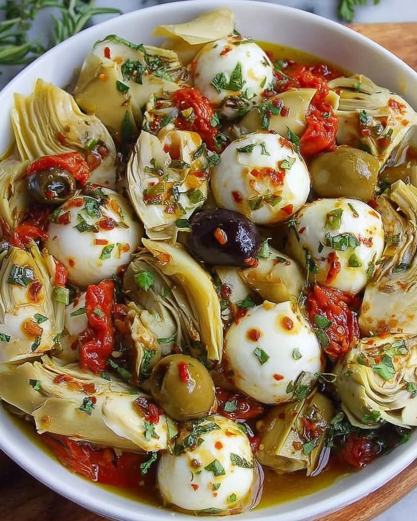 Marinated Mozzarella Balls, Artichokes, and Olives: Easy Party Appetizer Recipe 4 Marinated Mozzarella Balls Artichokes and Olives