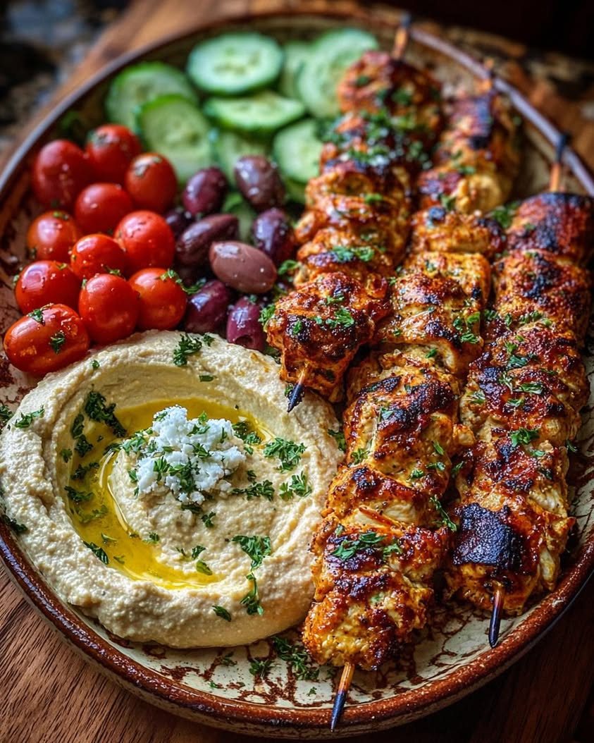 Grilled Mediterranean Chicken Skewers with Homemade Hummus Spread 5 Mediterranean Chicken Skewers with Hummus Spread