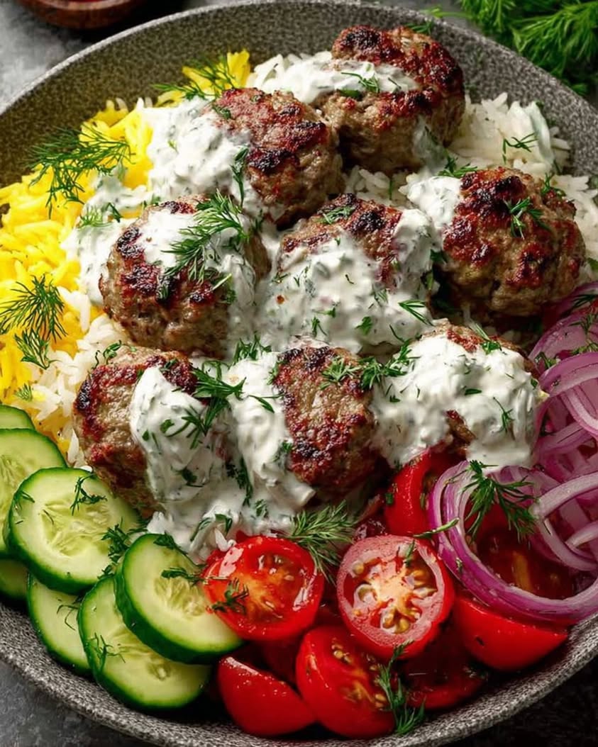 Mediterranean Meatball Rice Bowl with Tzatziki Fresh Veggies 1
