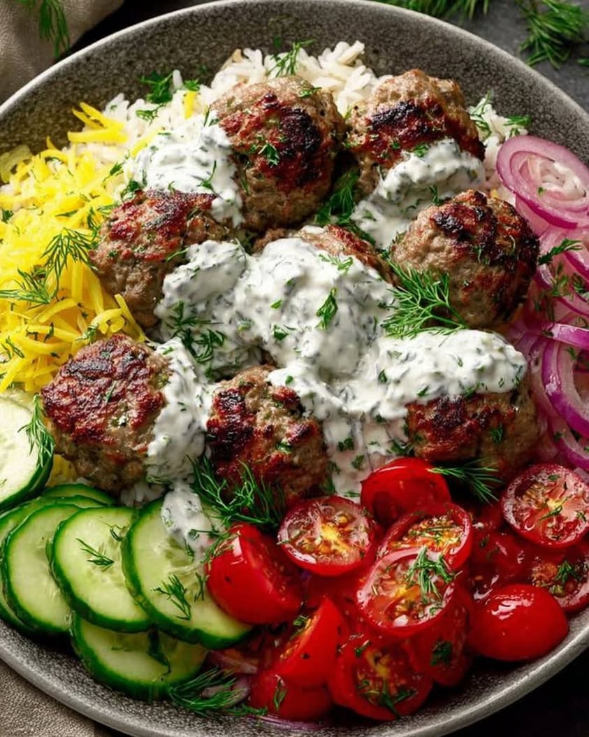 Mediterranean Meatball Rice Bowl with Tzatziki Fresh Veggies 2
