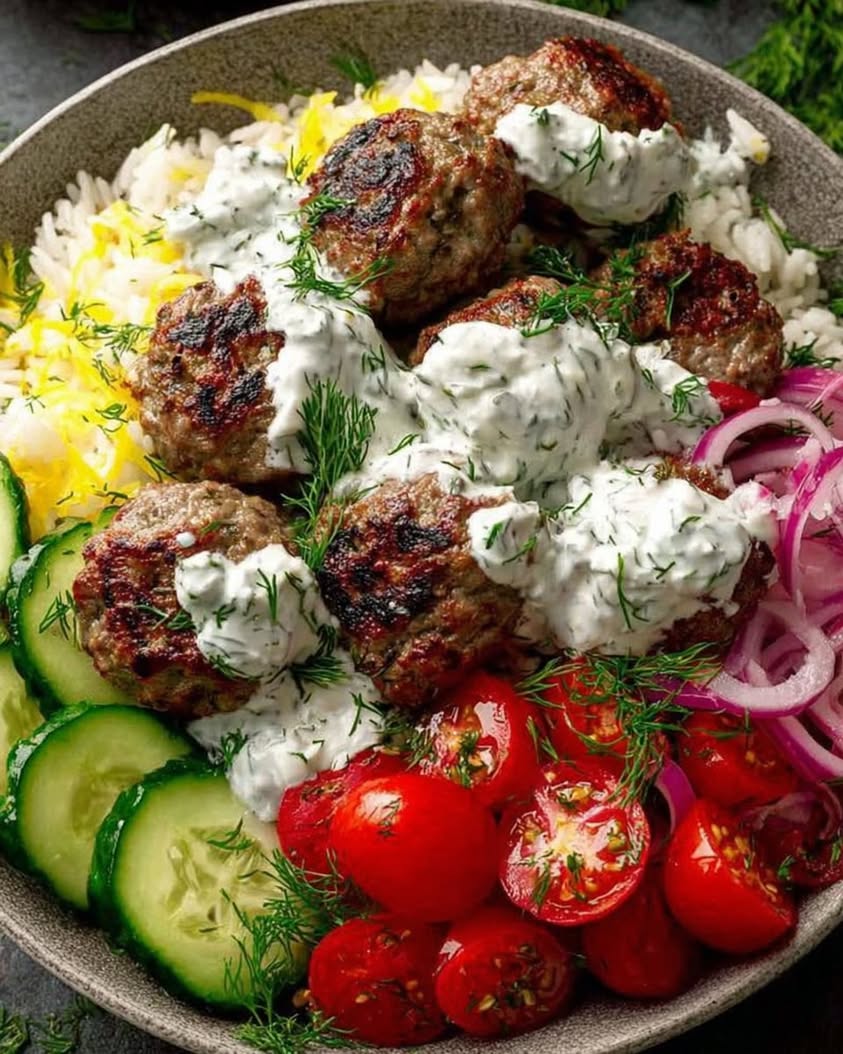 Mediterranean Meatball Rice Bowl with Tzatziki Fresh Veggies