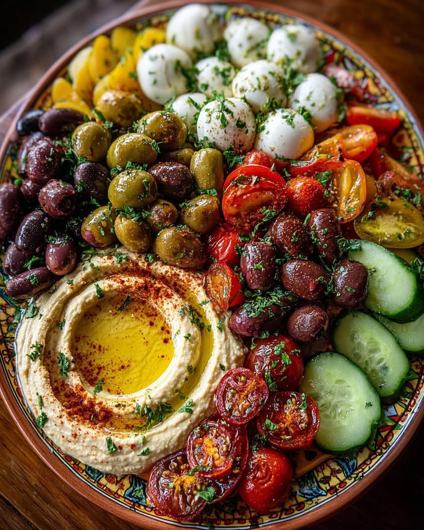 Mediterranean Mezze Platter with Hummus Olives Burrata
