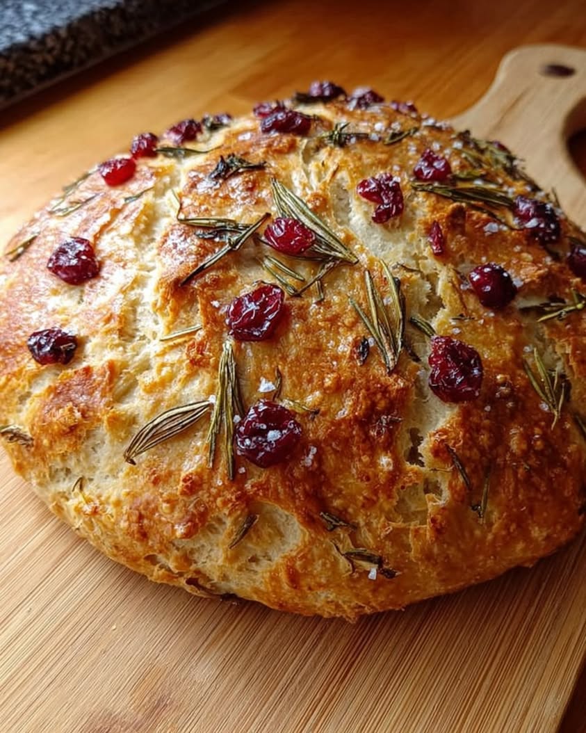No Knead Rosemary Cranberry Bread with Olive Oil Sea Salt 1