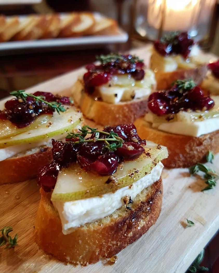 Pear Brie Cranberry Crostini with Thyme Honey Easy Holiday Appetizer