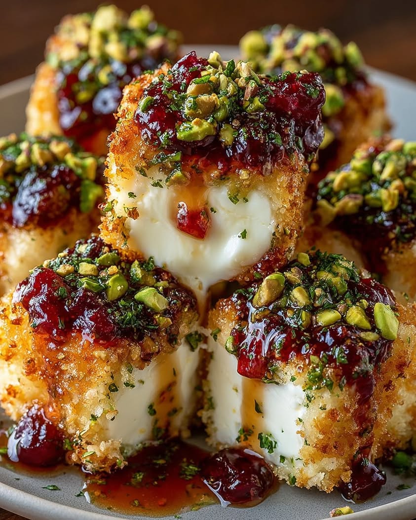 Pistachio Crusted Brie Bites with Raspberry Honey Glaze 1