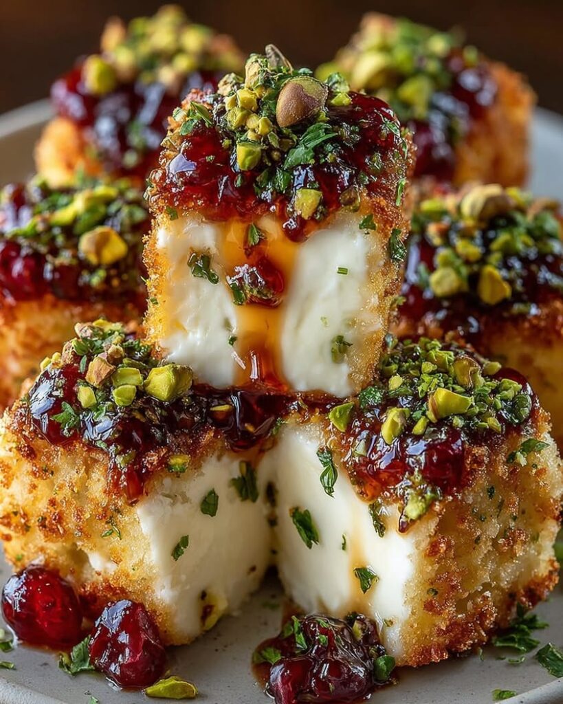 Pistachio Crusted Brie Bites with Raspberry Honey Glaze 7