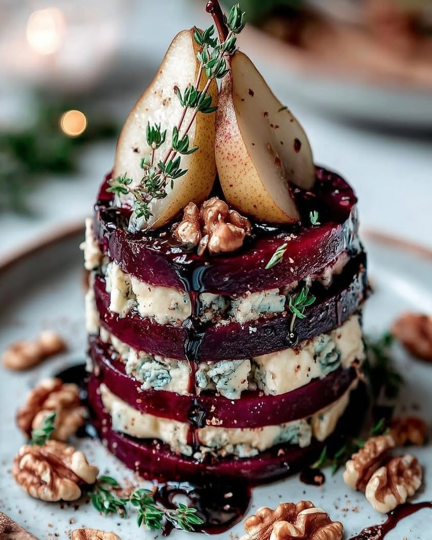 Roasted Beet Blue Cheese Towers with Pear Balsamic Glaze 1