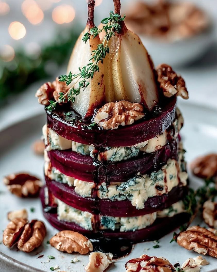 Roasted Beet Blue Cheese Towers with Pear Balsamic Glaze 2