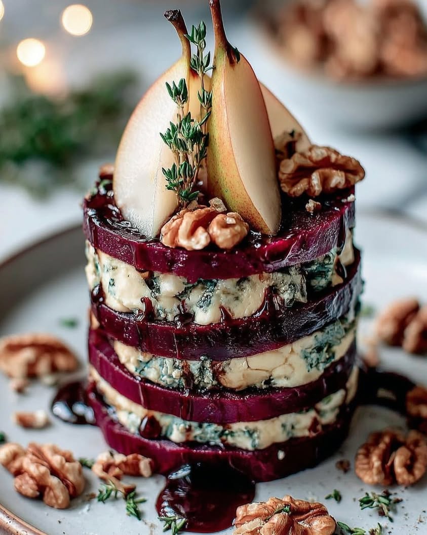 Roasted Beet Blue Cheese Towers with Pear Balsamic Glaze