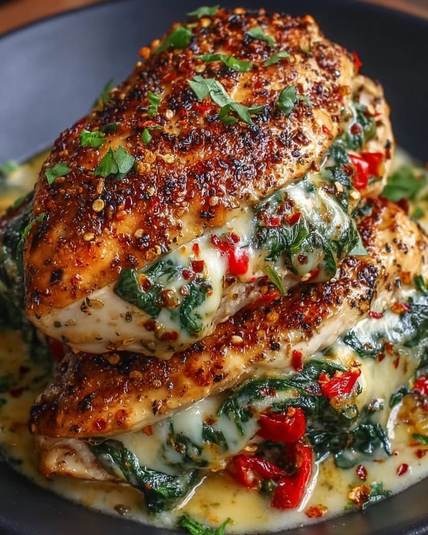Roasted Red Pepper Spinach and Mozzarella Stuffed Chicken