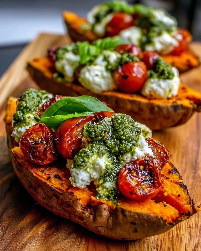 Roasted Sweet Potatoes Stuffed with Ricotta Cherry Tomatoes Pesto