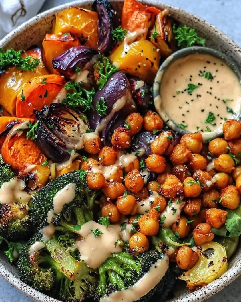 Roasted Veggie Chickpea Bowls with Maple Dijon Tahini Dressing