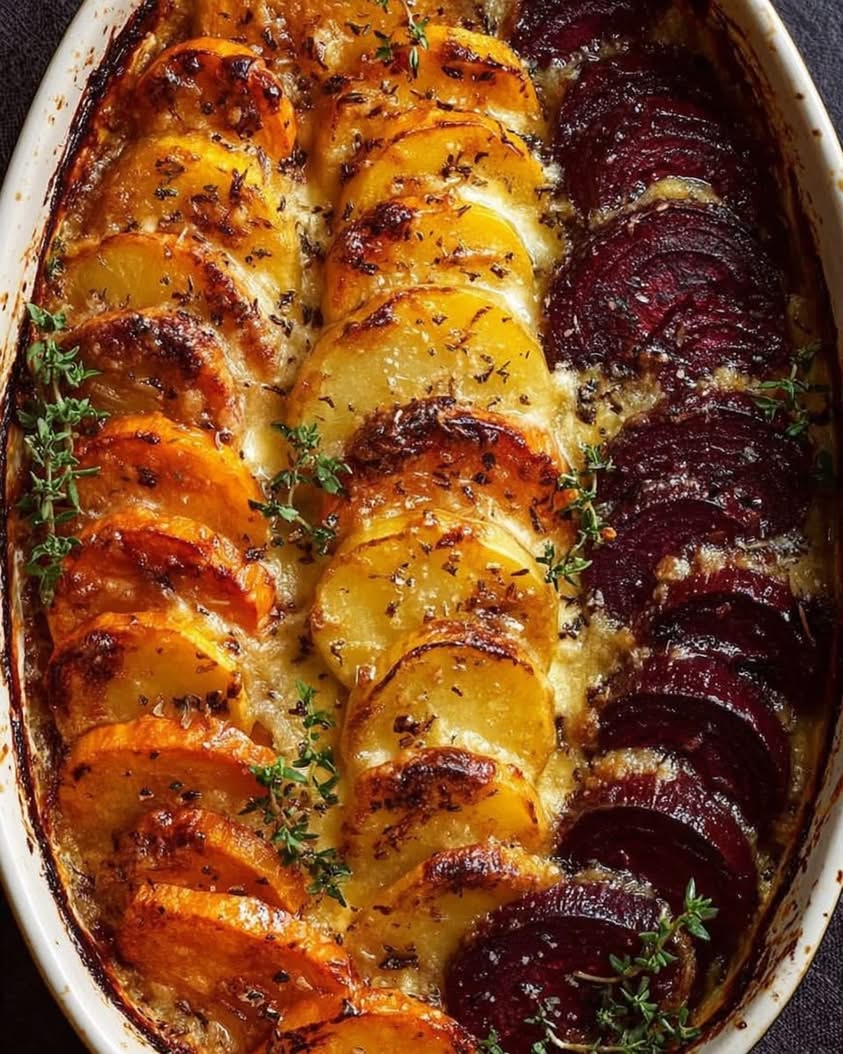 Root Vegetable Gratin with Sweet Potatoes Parsnips and Beets 1