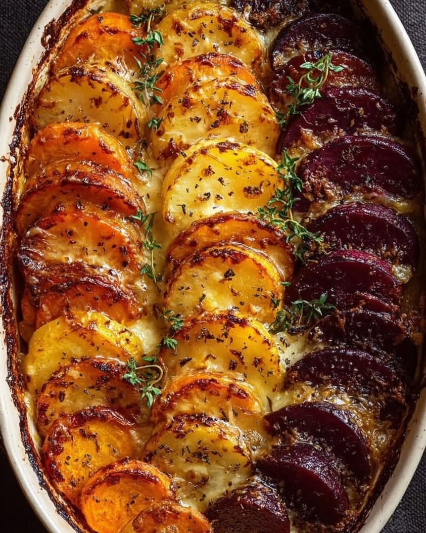 Root Vegetable Gratin with Sweet Potatoes Parsnips and Beets