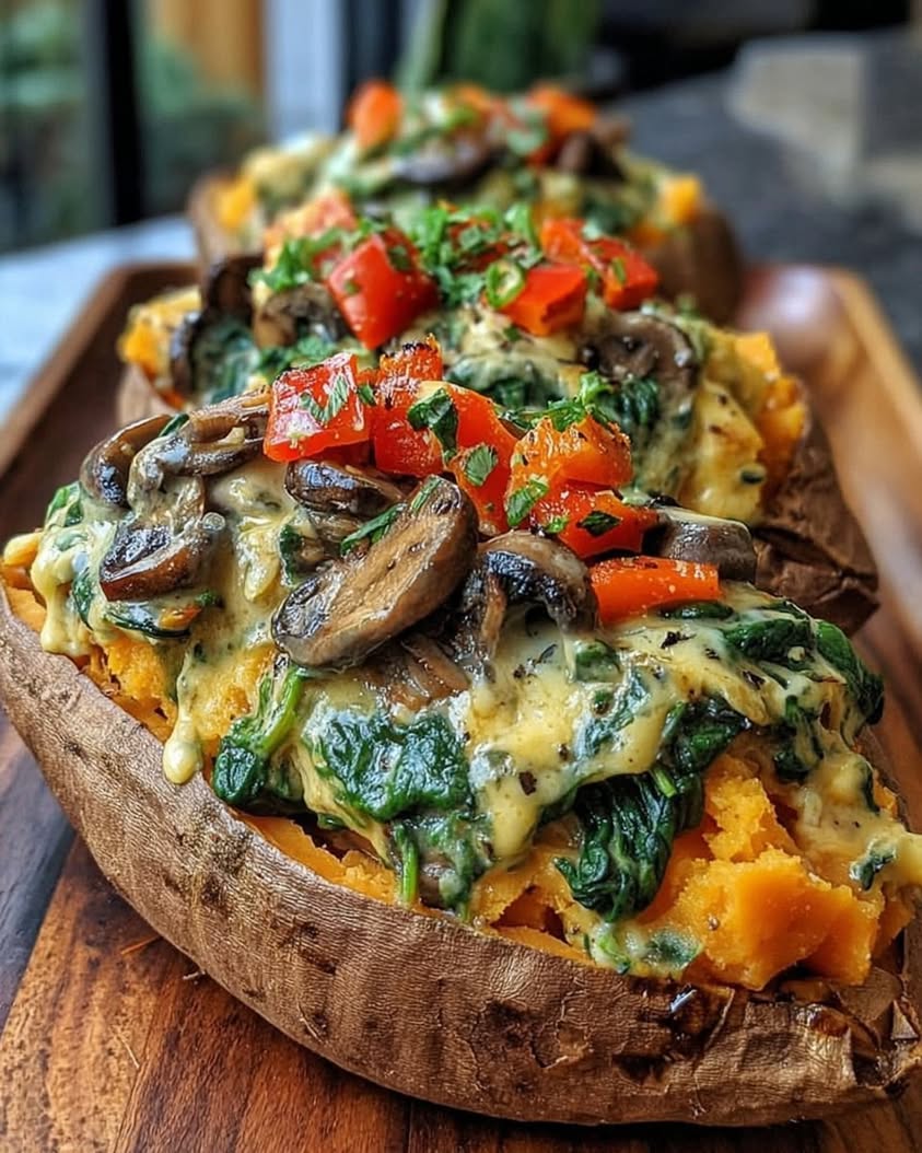 STUFFED SWEET POTATOES WITH SPINACH MUSHROOM FETA LEMON TAHINI DRESSING ENHANCED WITH ROASTED RED PEPPERS