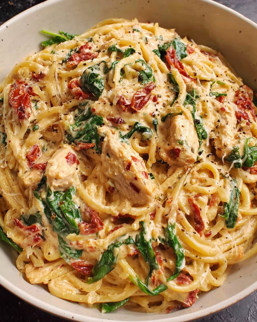 Spaghetti Spinach with Sun Dried Tomato Chicken Cream Sauce 1