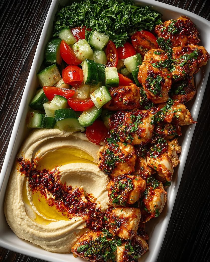 Spicy Garlic Chicken Bowl with Hummus Cucumber Salad 1