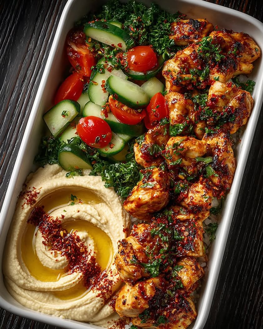 Spicy Garlic Chicken Bowl with Hummus Cucumber Salad