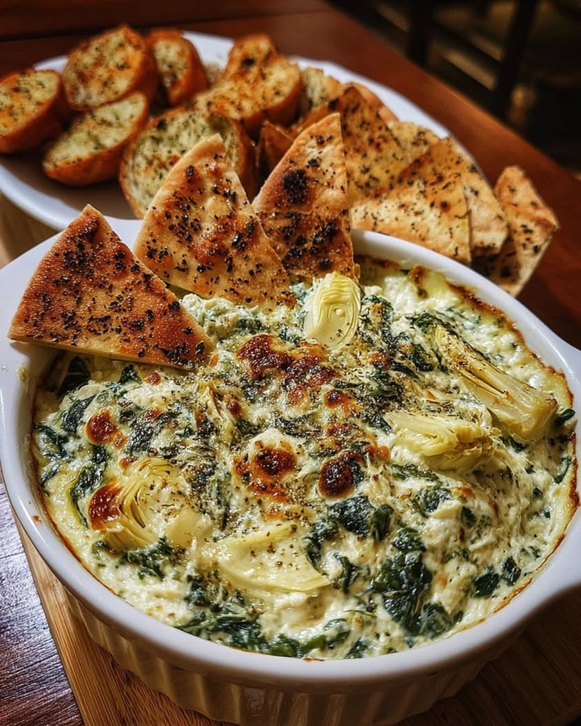 The Ultimate Spinach Artichoke Dip with Olive Oil Pita Chips