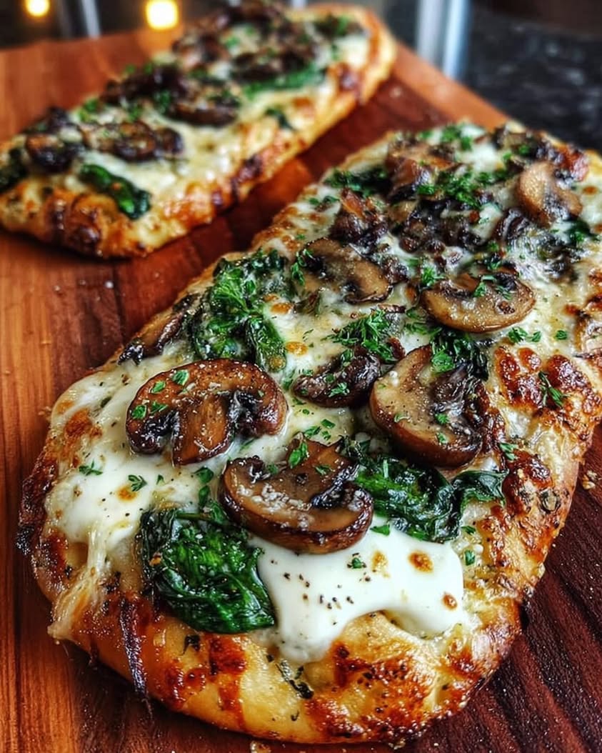 Spinach Mushroom Brie Flatbread with Garlic Cream