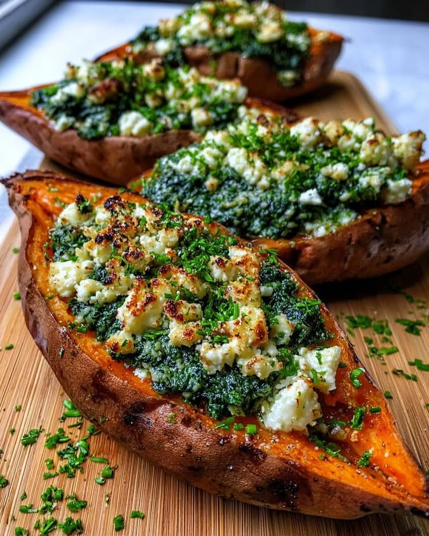 Spinach Ricotta Stuffed Sweet Potatoes with Herb Drizzle 1