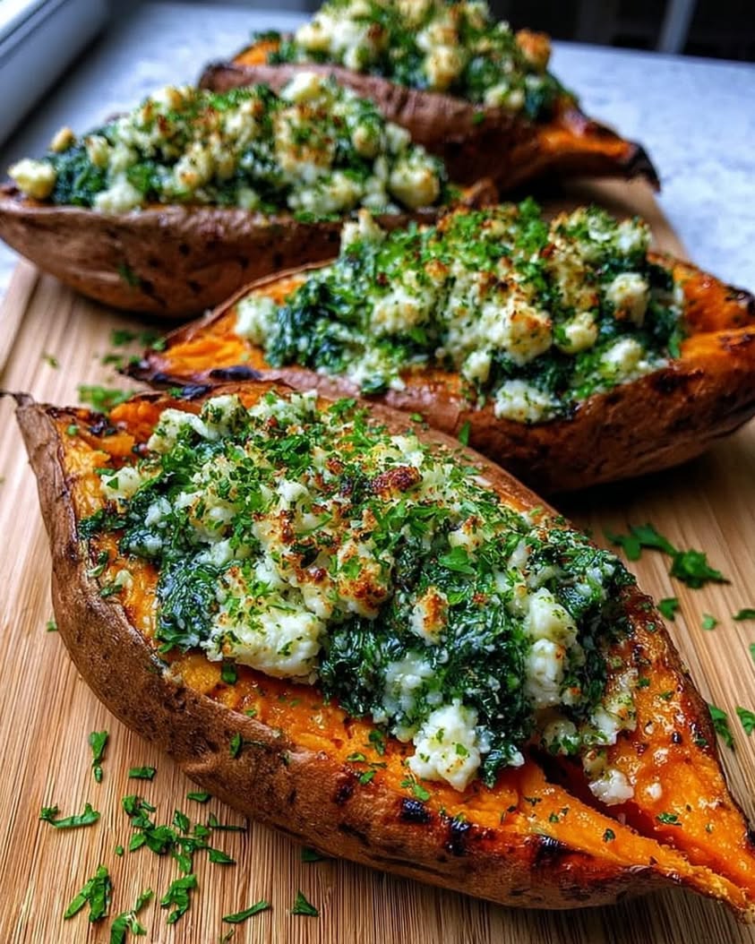 Spinach Ricotta Stuffed Sweet Potatoes with Herb Drizzle 3