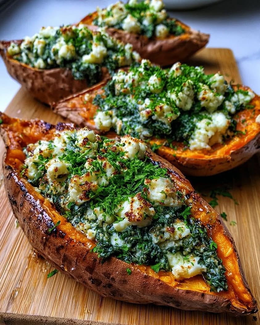 Spinach and Ricotta Stuffed Sweet Potatoes with Easy Herb Drizzle Recipe