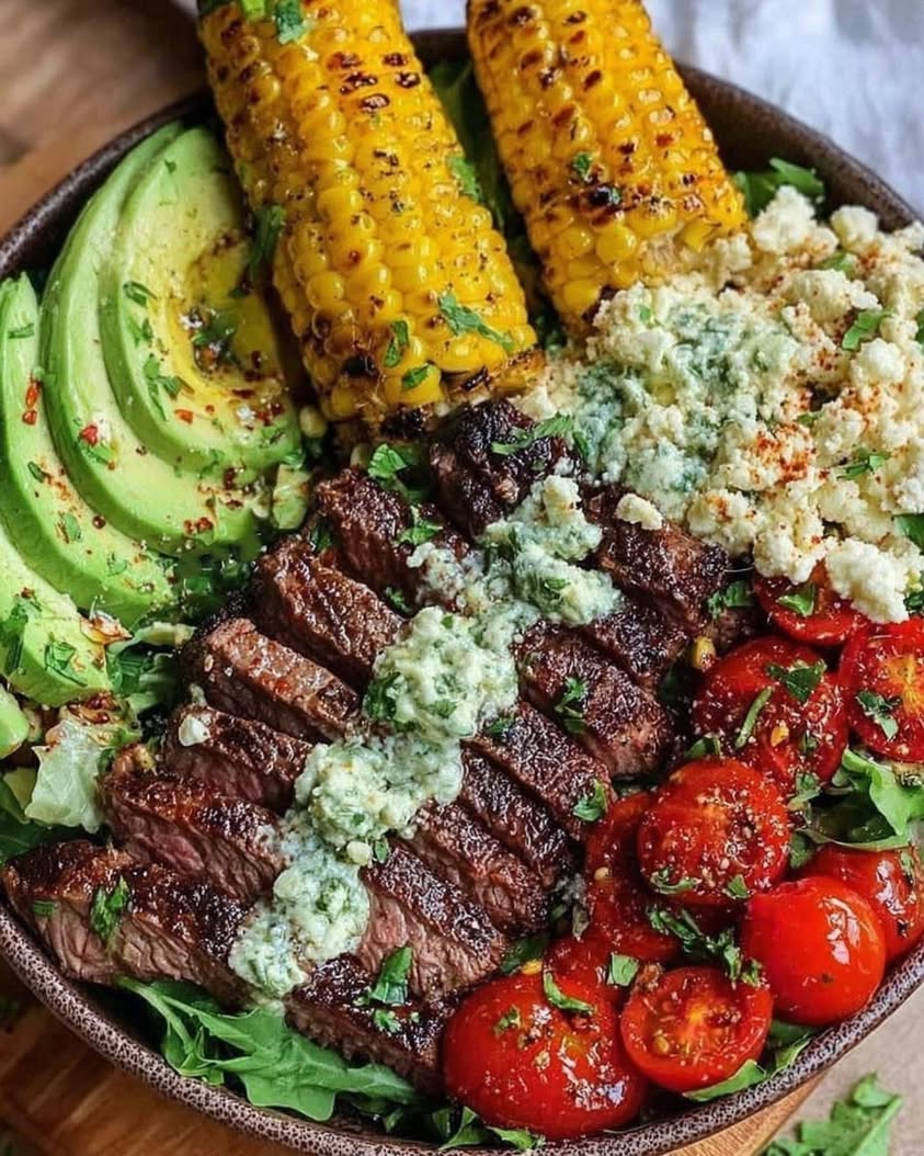 Steak Avocado and Roasted Corn Bowl with Cilantro Cream Sauce