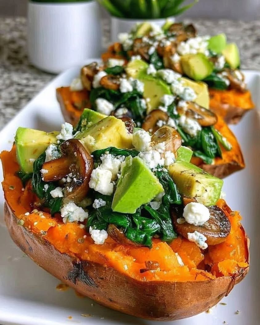Stuffed Sweet Potatoes Spinach Avocado Mushroom Feta 1