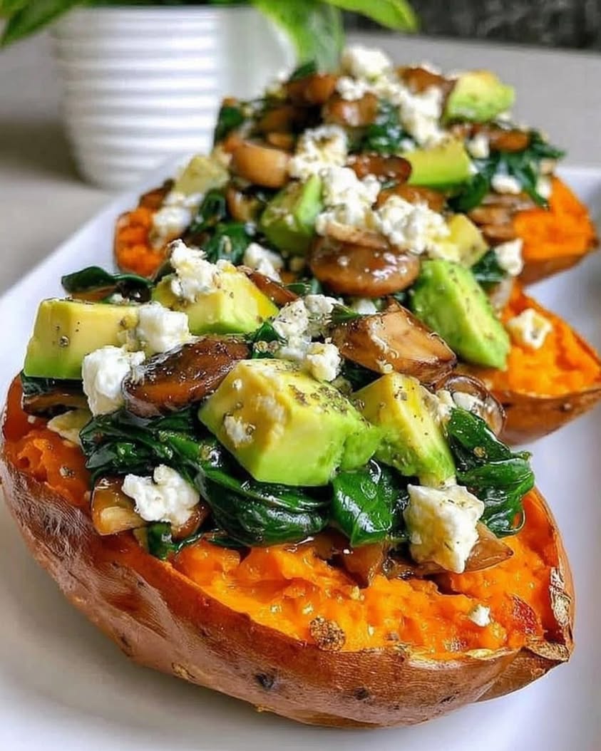 Stuffed Sweet Potatoes Spinach Avocado Mushroom Feta 2