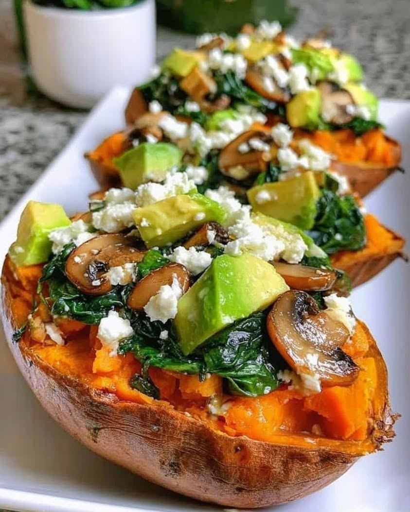Stuffed Sweet Potatoes with Spinach, Avocado, Mushroom & Feta Recipe