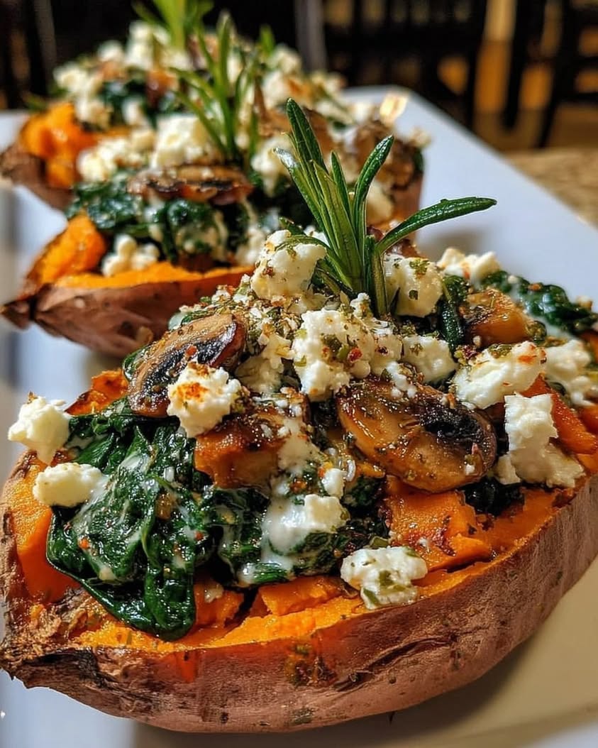 Stuffed Sweet Potatoes with Spinach Mushroom Feta Rosemary Drizzled with Lemon Garlic Yogurt Sauce 1
