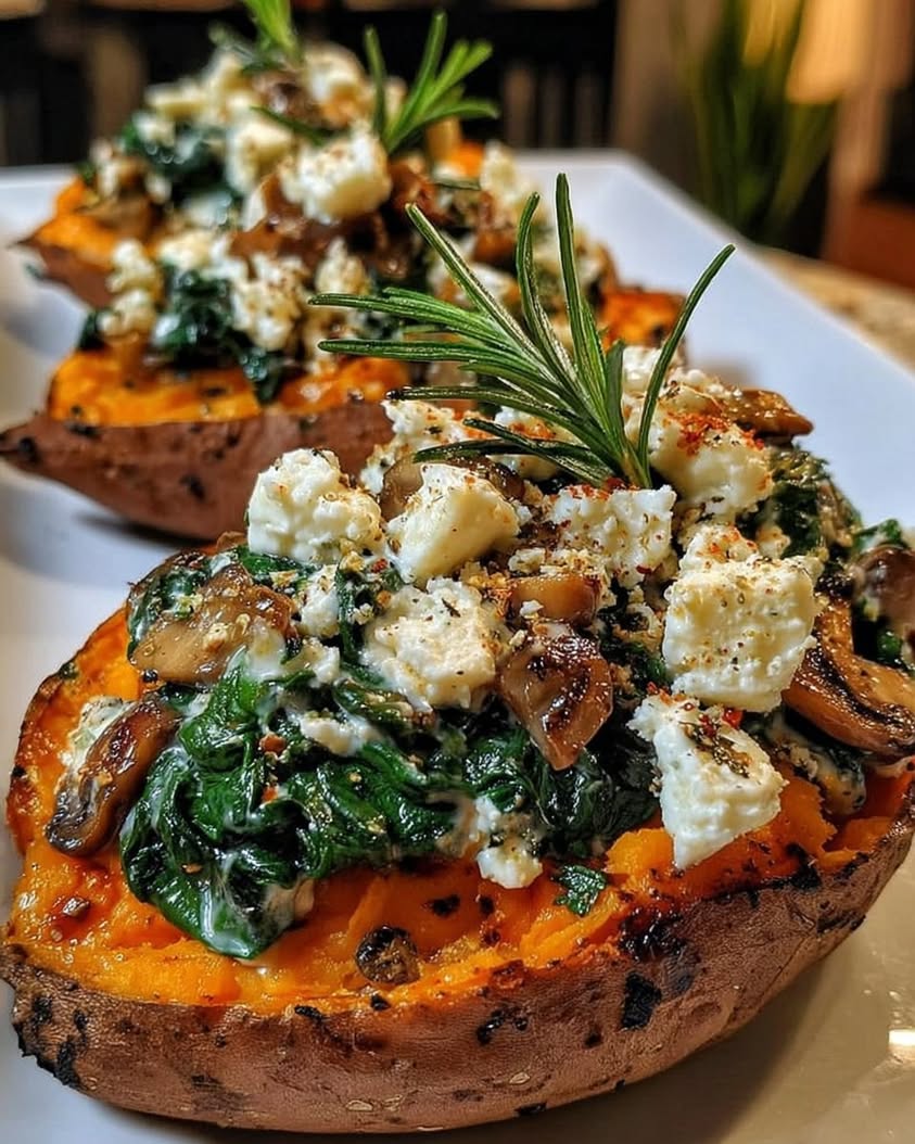 Stuffed Sweet Potatoes with Spinach Mushroom Feta Rosemary Drizzled with Lemon Garlic Yogurt Sauce 2