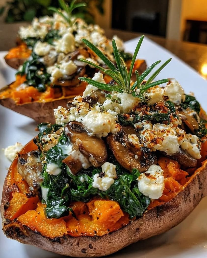 Stuffed Sweet Potatoes with Spinach Mushroom Feta Rosemary Drizzled with Lemon Garlic Yogurt Sauce