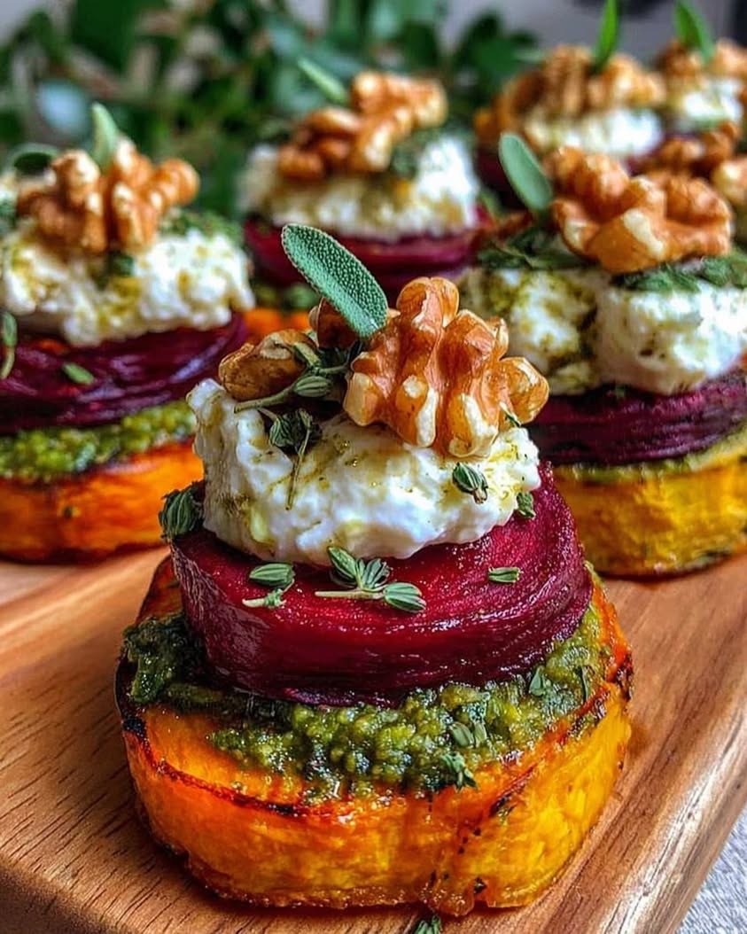 Sweet Potato Beet Stacks with Pesto Burrata Walnuts