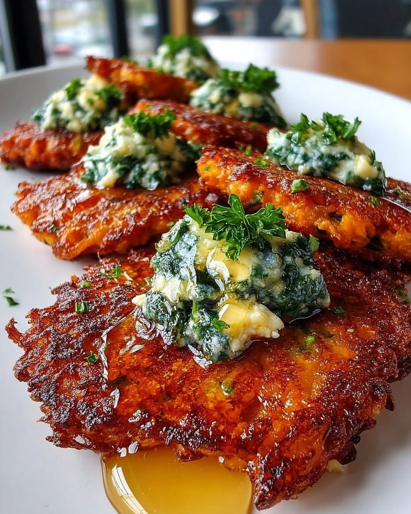 Sweet Potato Fritters with Spicy Spinach Feta Dip and Sticky Hot Honey