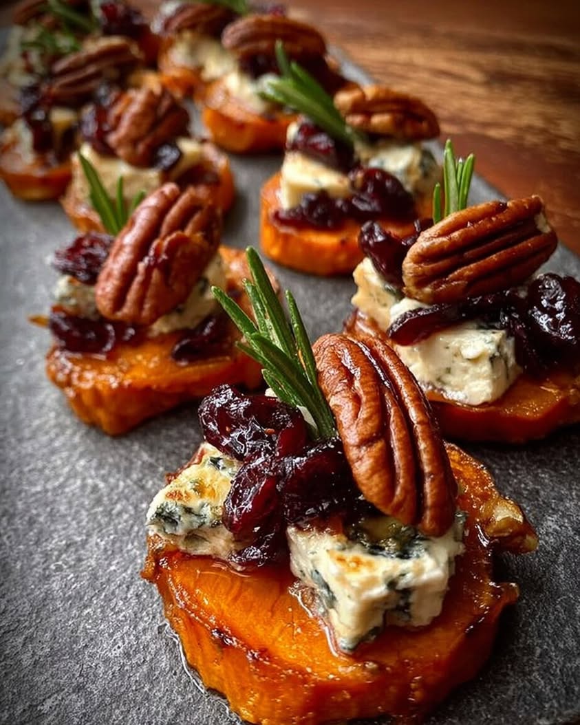 Sweet Potato Rounds with Blue Cheese Cranberry Pecans