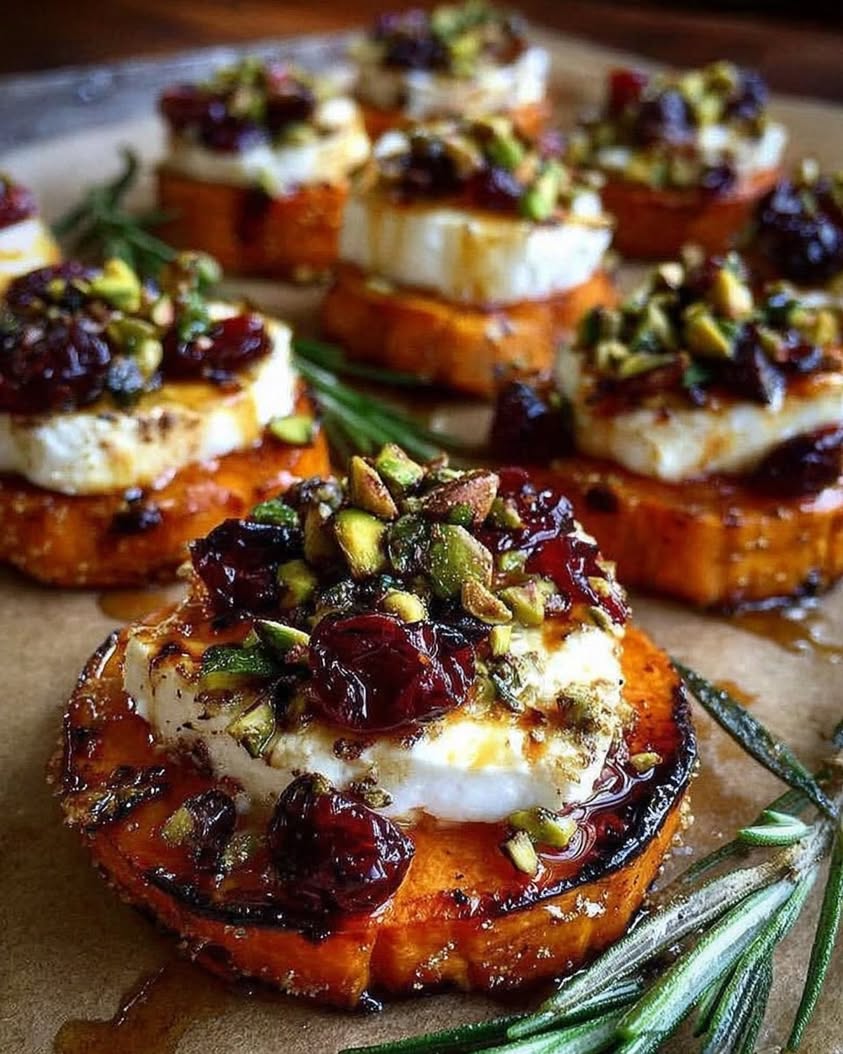 Sweet Potato Rounds with Brie Cranberry Honey Glaze Pistachio Crunch