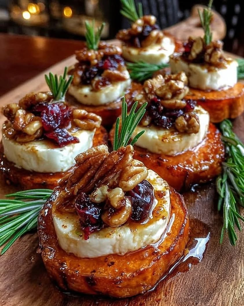 Sweet Potato Rounds with Brie Cranberry Toasted Pecans with Hot Honey Drizzle 1