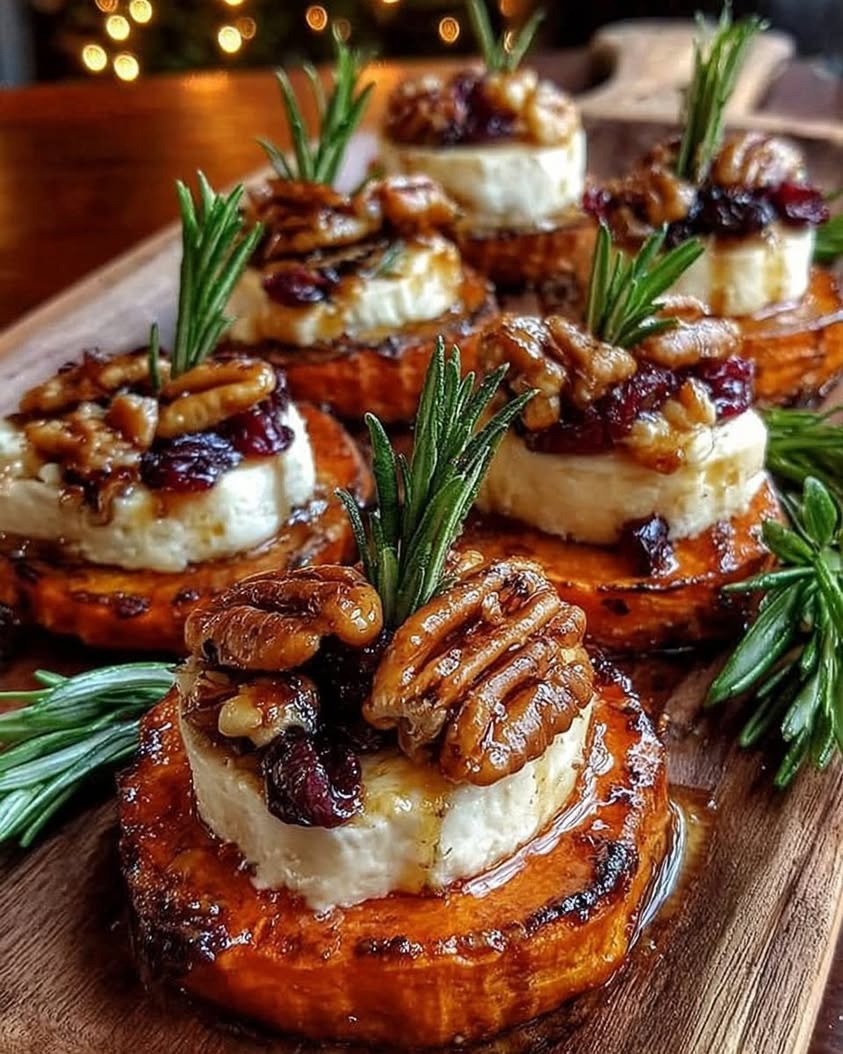 Sweet Potato Rounds with Brie, Cranberry, and Hot Honey Pecans