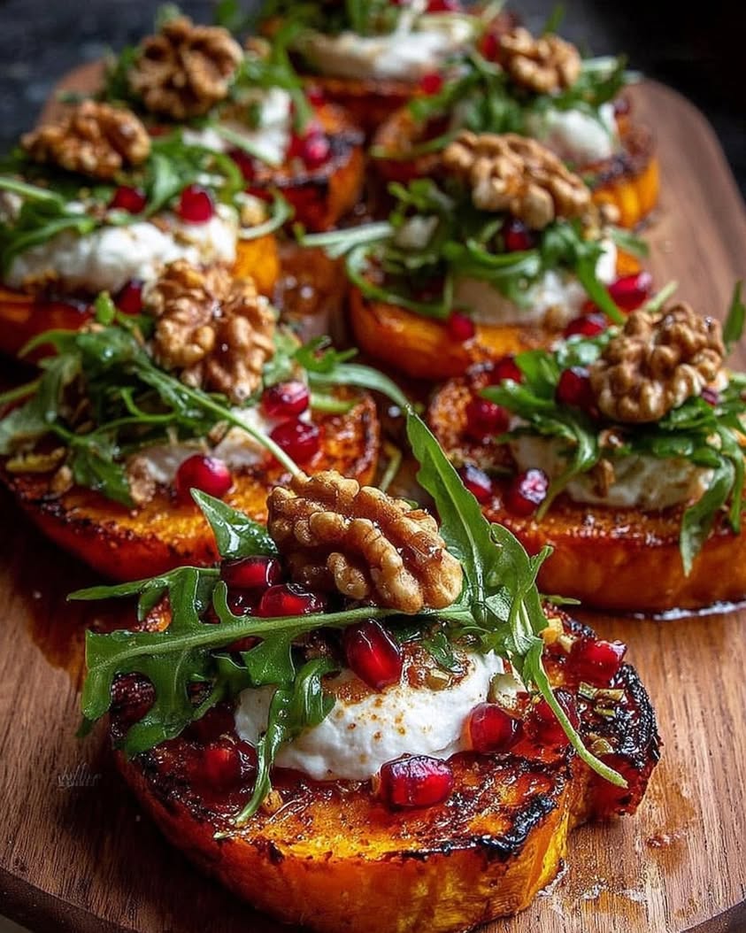 Sweet Potato Rounds with Burrata Pomegranate Walnut Crunch
