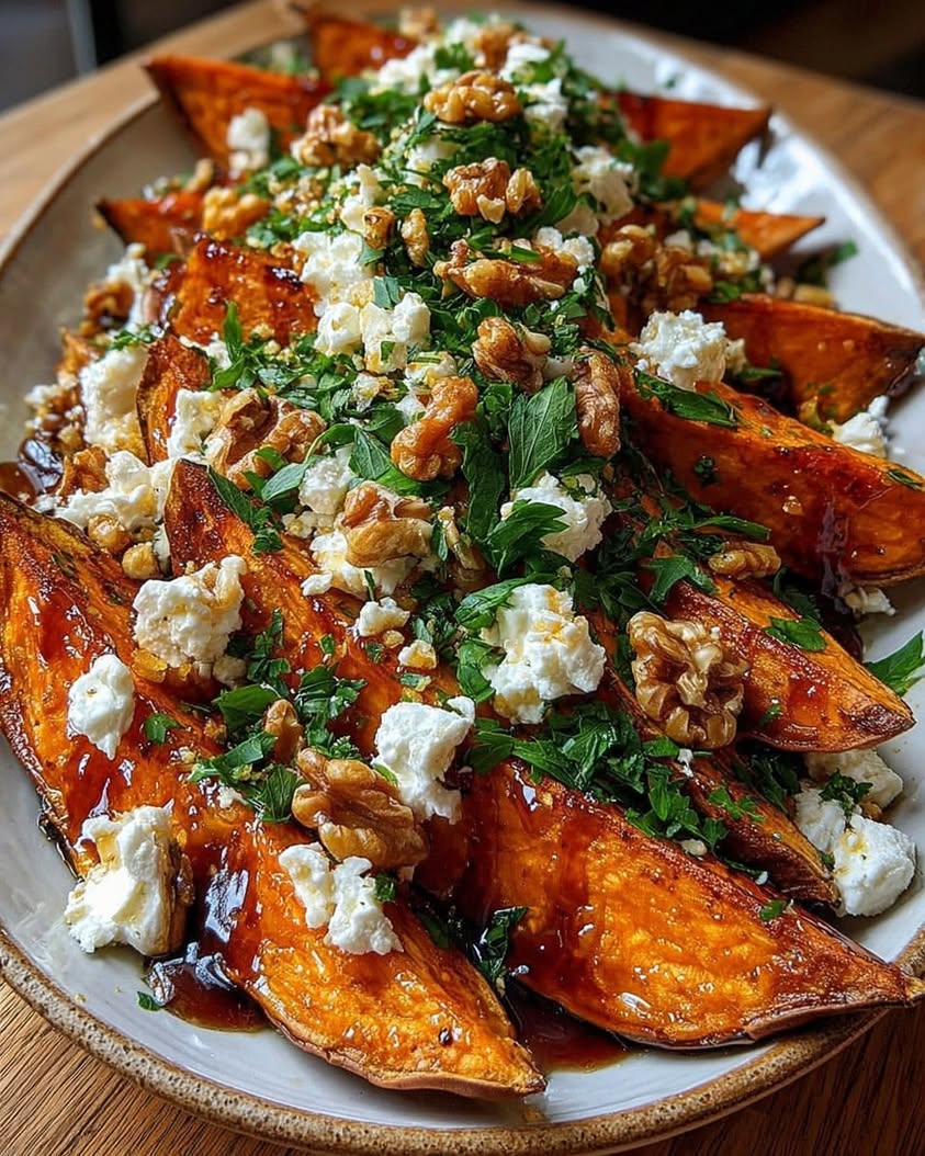 Sweet Potato Wedges with Whipped Feta Fresh Herbs Walnut Honey Drizzle