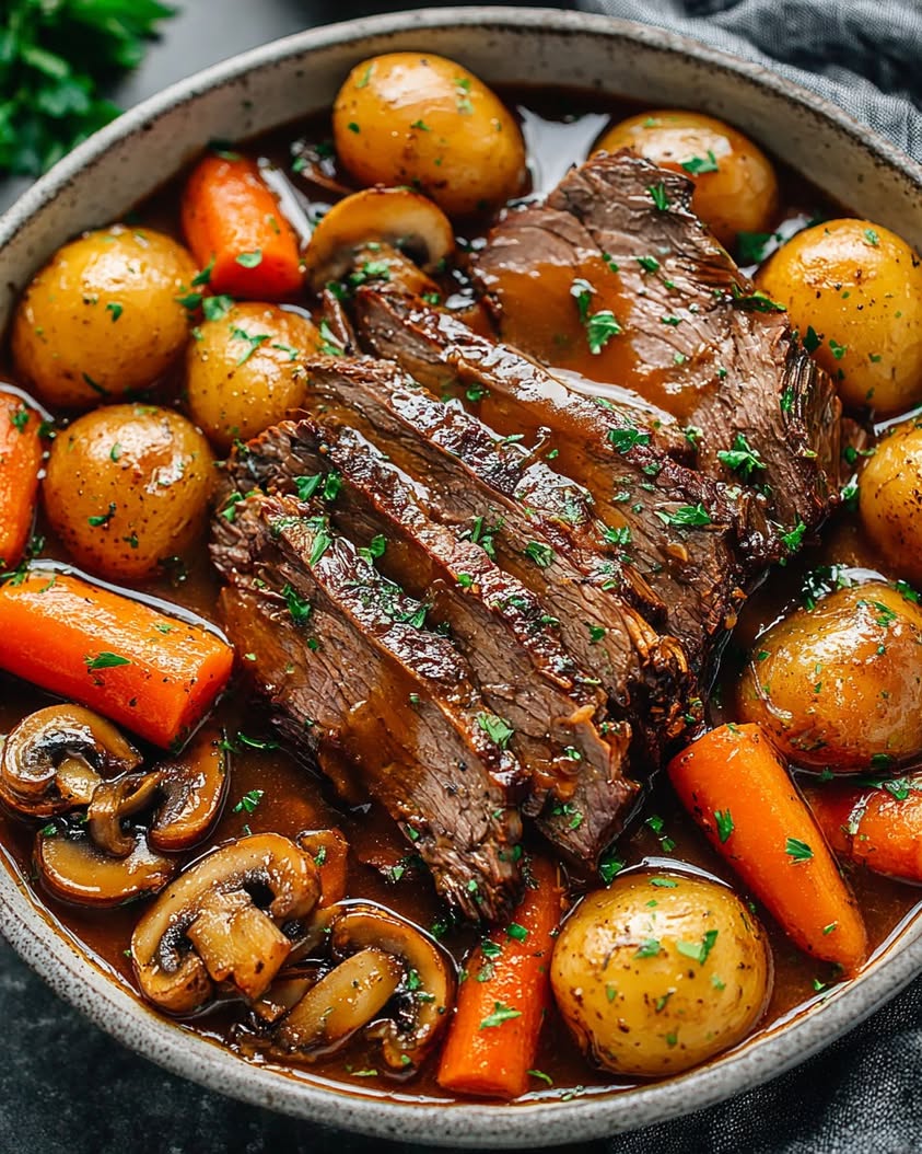 The Ultimate Tender Chuck Roast with Hearty Mushroom Gravy Recipe 5 Tender Chuck Roast with Carrots Potatoes and Mushroom Gravy