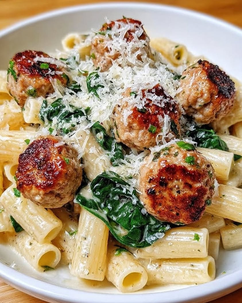 Turkey Ricotta Meatballs with Garlic Spinach Rigatoni