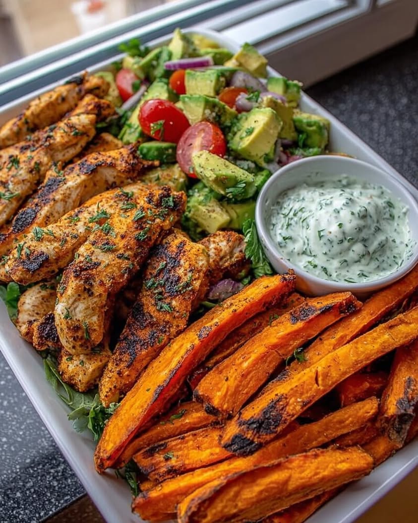 Ultimate Grilled Chicken Sweet Potato Bowl with Avocado Salsa Herbed Yogurt Dip